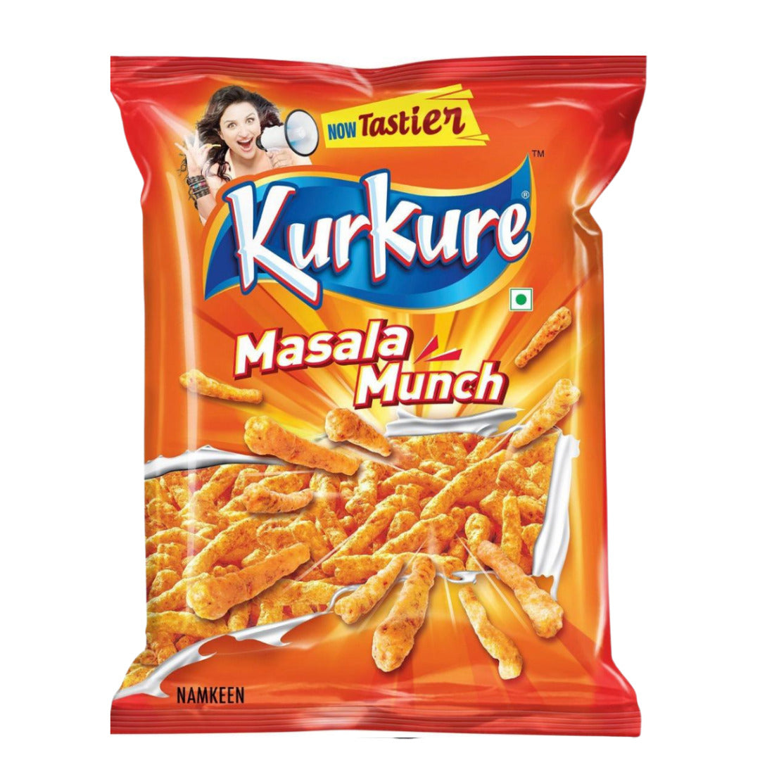 Kurkure Masala Munch snack packet with branding and product imagery on a white background