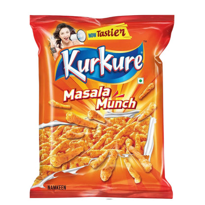 Kurkure Masala Munch snack packet with branding and product imagery on a white background
