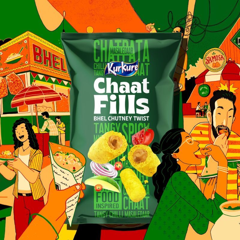 Packaging of Chaat Fills with a colorful background of people eating and a food stall.