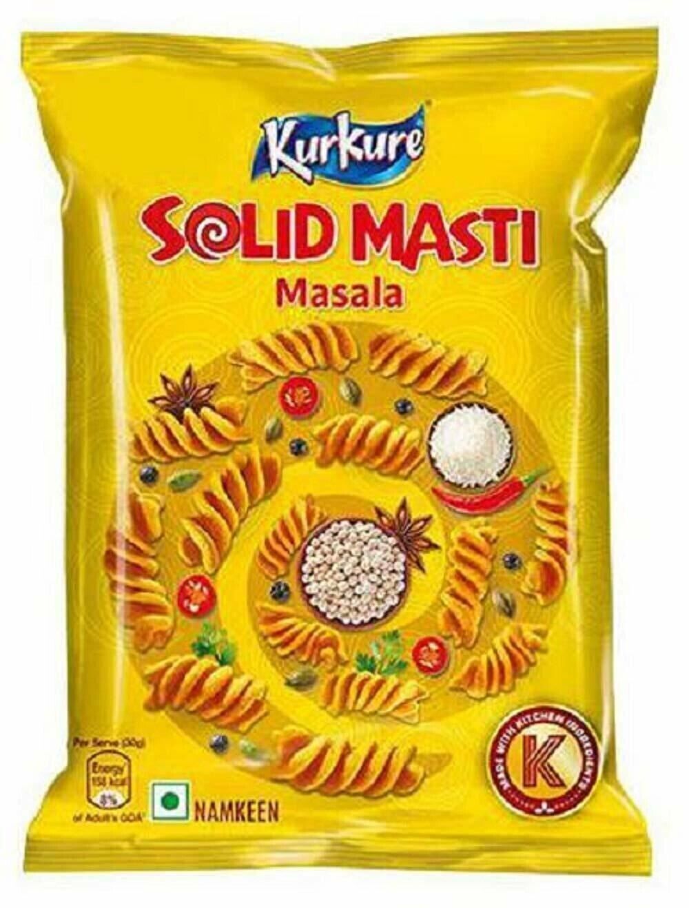 Kurkure Solid Masti Masala packaging with yellow background