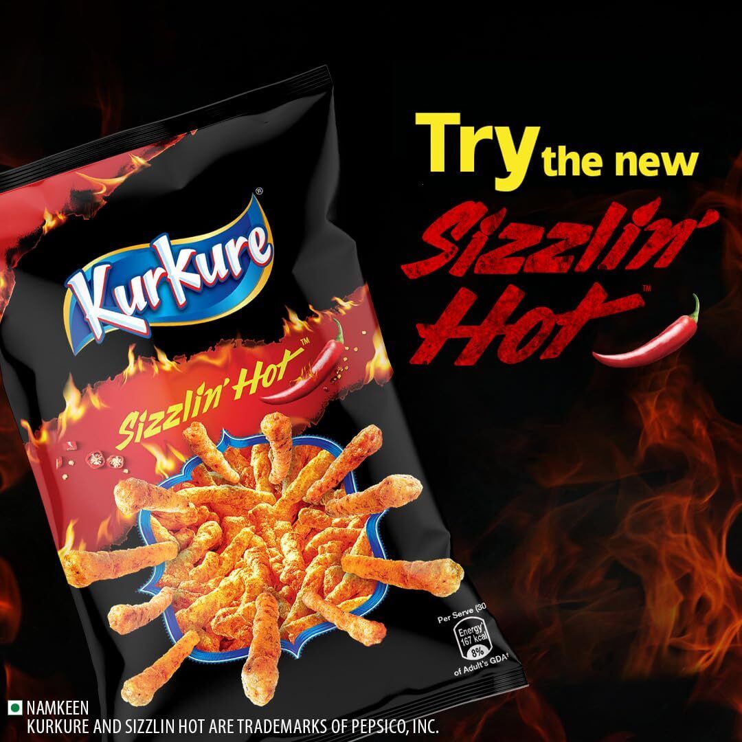 Kurkure Sizzlin' Hot snack packet with flames and promotional text on a dark background