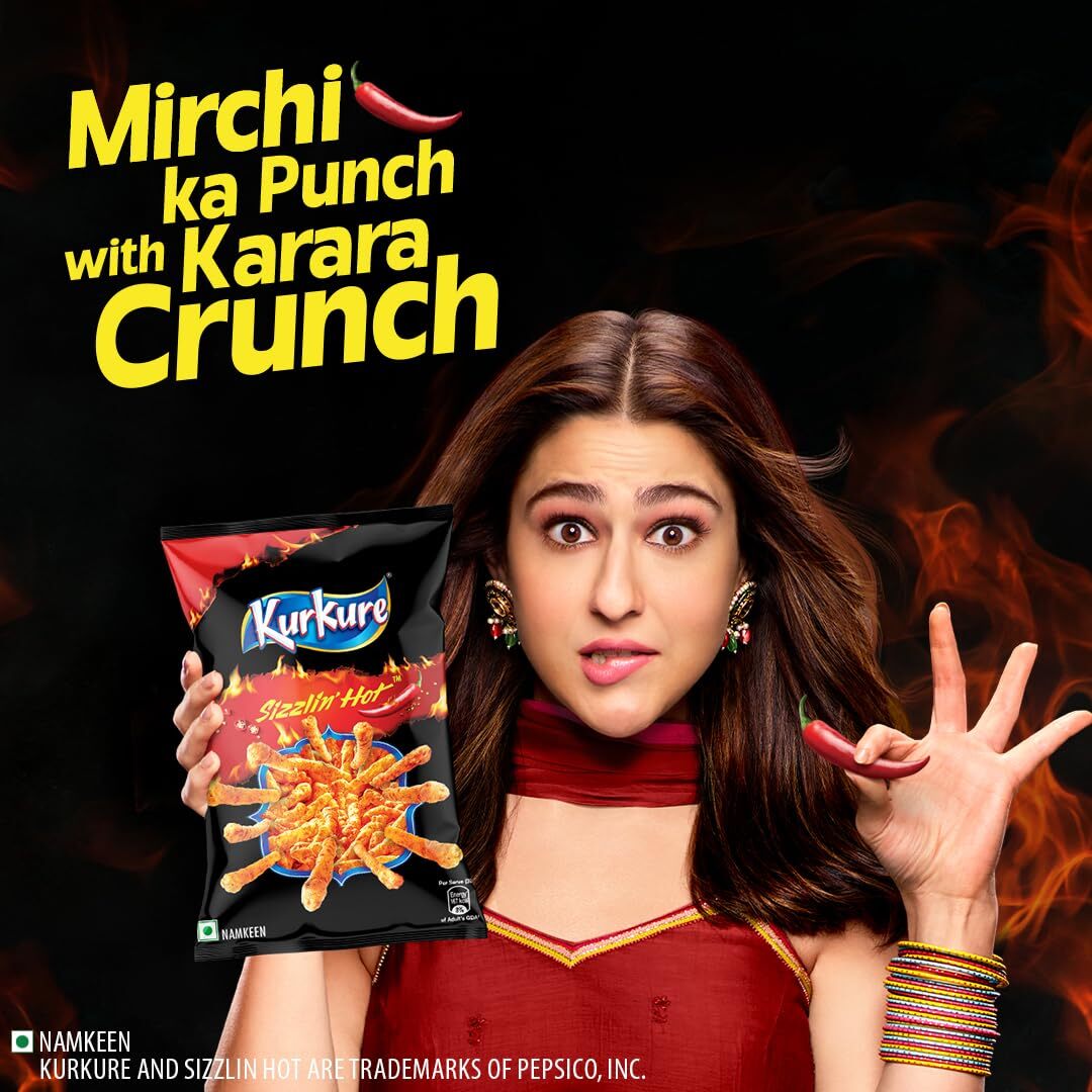 Woman holding a packet of Kurkure with text 'Mirchi ka Punch with Karara Crunch' on a dark background.