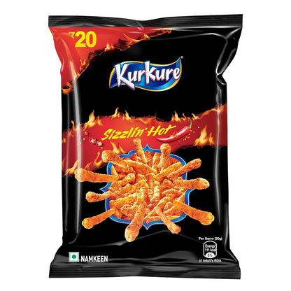 Kurkure Sizzlin' Hot snack packet with flames on a black background