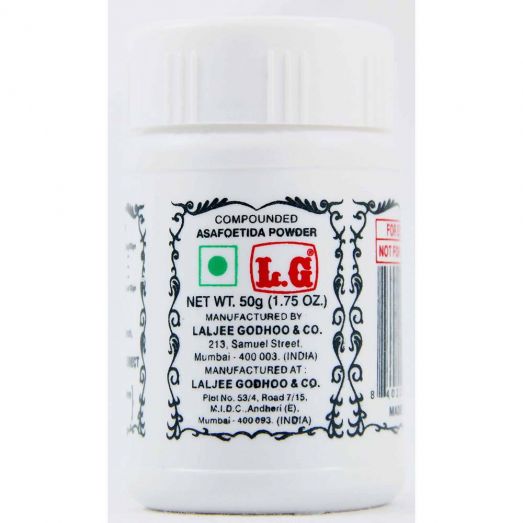 LG Asafoetida Powder 50g jar front label view with airtight lid and fine hing spice for Indian cooking and tempering.