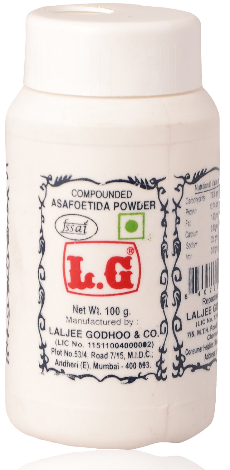 LG Hing Asafoetida Powder 100g jar sealed spice container used for dal, curry and tadka seasoning.