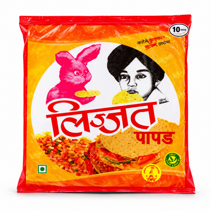 Lijjat Papad original crispy papad packet with orange and yellow packaging on a white background.