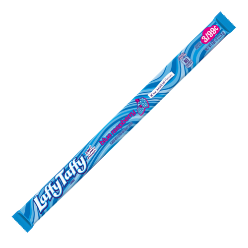 Laffy Taffy Blue Raspberry flavour individual wrapper close-up stretchy taffy.