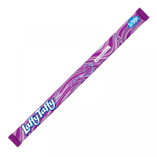 Laffy Taffy Grape bar close-up stretchy fruit-flavoured taffy with jokes on wrappers.