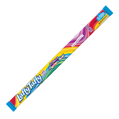 Ferrara Laffy Taffy Mystery Swirl candy bar with colorful swirled packaging on a white background.