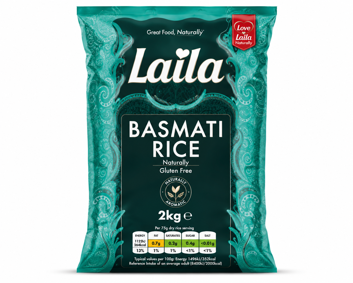 A 2kg bag of Laila Basmati Rice on a plain white background. The packaging features a dark green central label with white text, surrounded by teal and green paisley patterns.