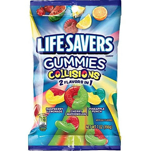 A Life Savers Gummies Collisions Peg Bag, filled with chewy, soft gummies in exciting flavor combinations like cherry-watermelon and orange-pineapple, perfect for sharing or snacking.