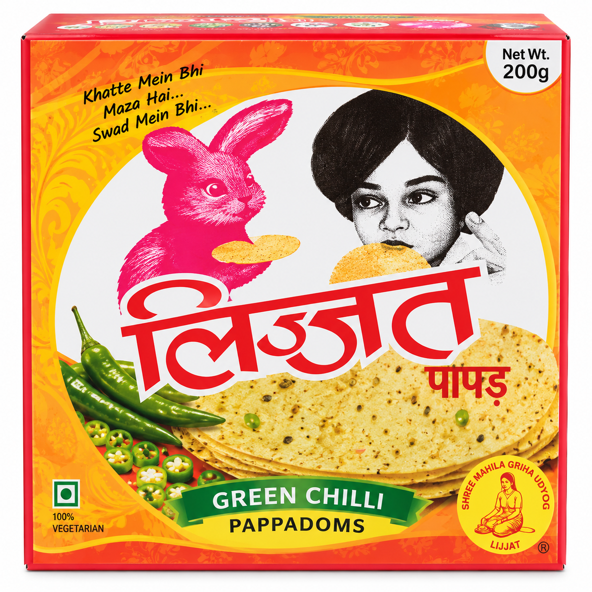 Lijjat Green Chilli Pappadoms 200g in colourful orange and yellow packaging, featuring traditional Indian papad discs, green chillies and the Lijjat rabbit logo.