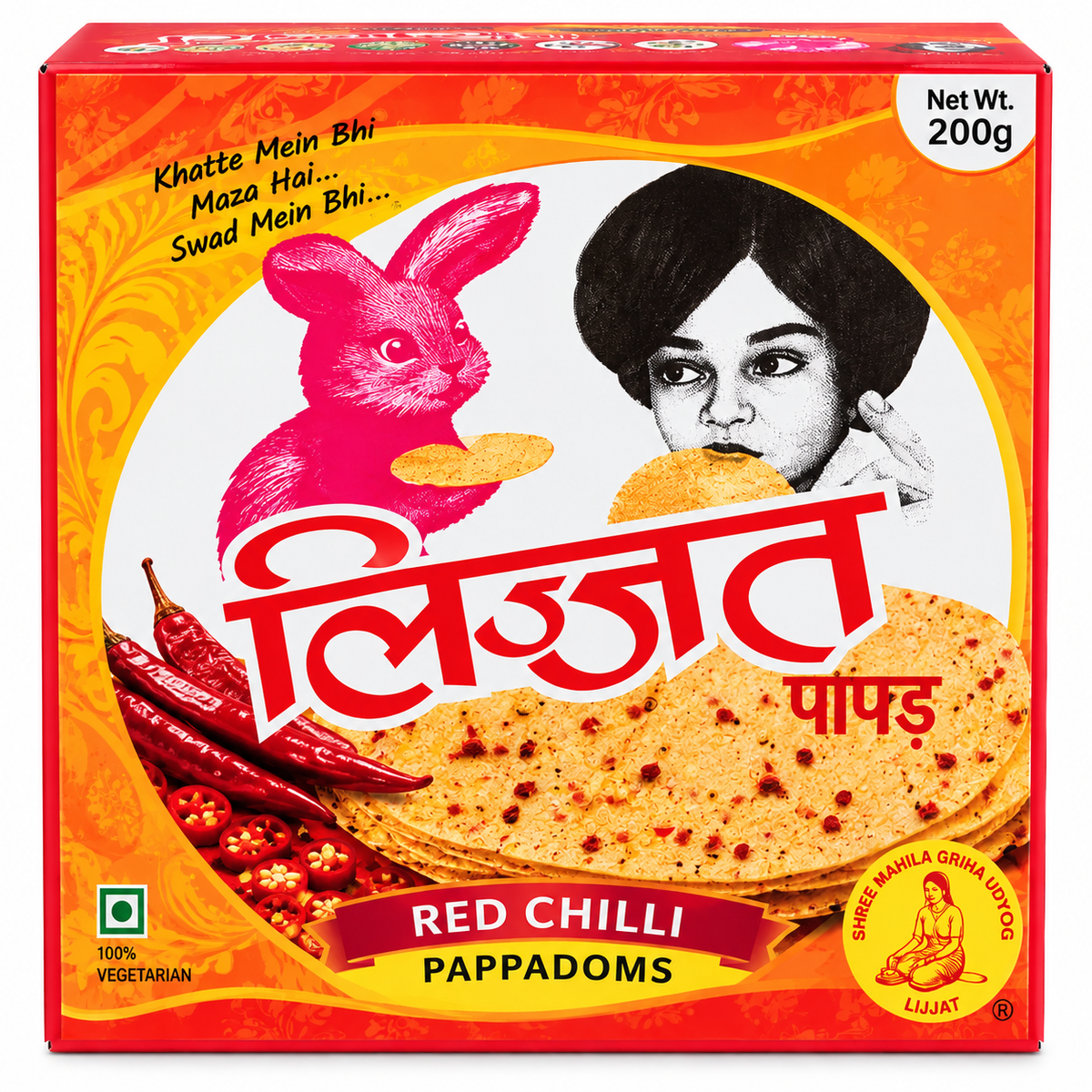 Lijjat Red Chilli Pappadoms 200g in red, orange and yellow packaging, featuring spicy papad discs, red chillies and the Lijjat rabbit logo.