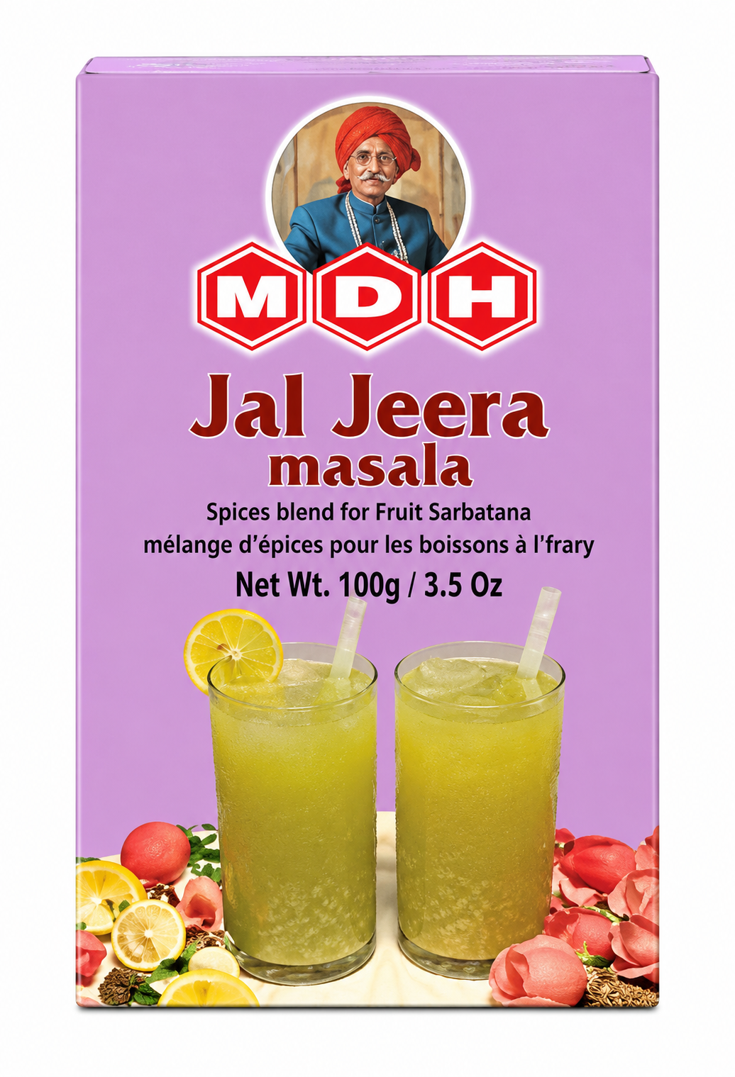 MDH Jal Jeera Masala 100g packet featuring the distinctive purple packaging, red and white MDH logo, and product name printed prominently on the front. The pack displays images of two glasses of jal jeera drink with lemon slices and decorative ingredients, identifying it as a spice blend for preparing a traditional Indian fruit and spiced beverage.