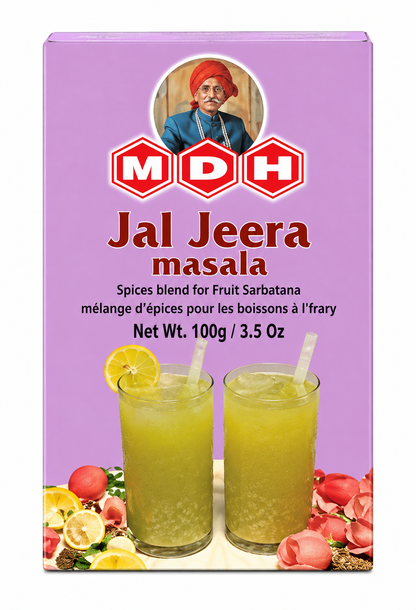 MDH Jal Jeera Masala 100g packet featuring the distinctive purple packaging, red and white MDH logo, and product name printed prominently on the front. The pack displays images of two glasses of jal jeera drink with lemon slices and decorative ingredients, identifying it as a spice blend for preparing a traditional Indian fruit and spiced beverage.