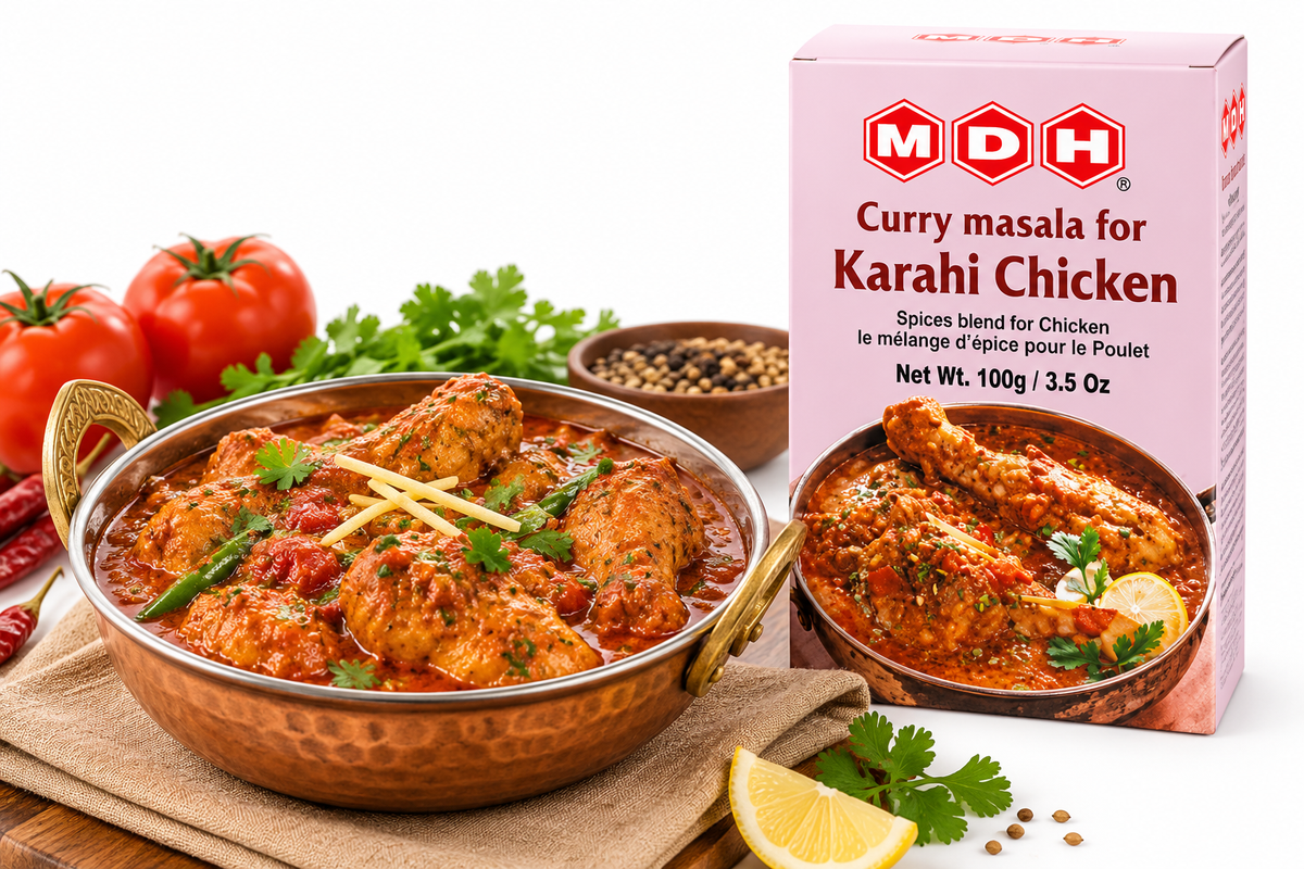 MDH Karahi Chicken Masala 100g spice blend packet displayed beside a traditional Indian-style chicken karahi curry in a copper serving bowl. The rich red-orange chicken curry is garnished with fresh cilantro and ginger strips, with ripe tomatoes, green chilies, lemon, and whole spices arranged nearby. The pink MDH packaging clearly displays the product name and illustrates the prepared chicken dish, making it suitable for showcasing an Indian cooking spice mix.