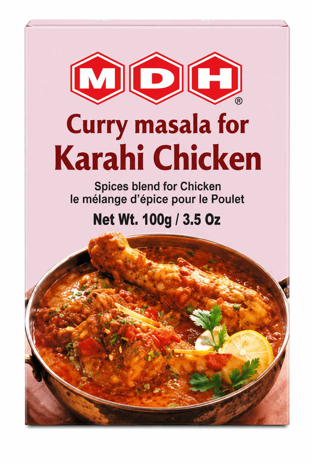 MDH Karahi Chicken Masala 100g packet featuring pale pink packaging, the prominent red and white MDH logo, and the product name “Curry Masala for Karahi Chicken.” The front of the packet displays a bowl of spicy red chicken curry garnished with fresh cilantro, ginger strips, and lemon. This chicken spice blend is designed for preparing flavorful Indian-style karahi chicken at home.


















alt text













Image 1 – Product Pack: MDH Karahi Gosht Masala 100g packet on a white background.

Alt