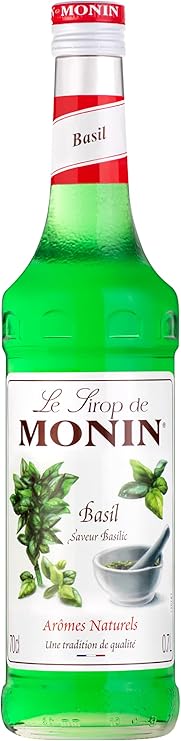 MONIN Premium Basil Syrup 700 ml glass bottle – vegan and allergen-free herbal syrup with 100% natural flavours for cocktails and mocktails.