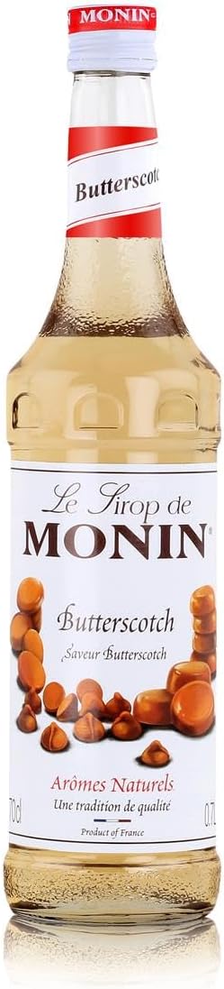 700ml MONIN Butterscotch Syrup in glass bottle with natural flavours, ideal for drinks and desserts.