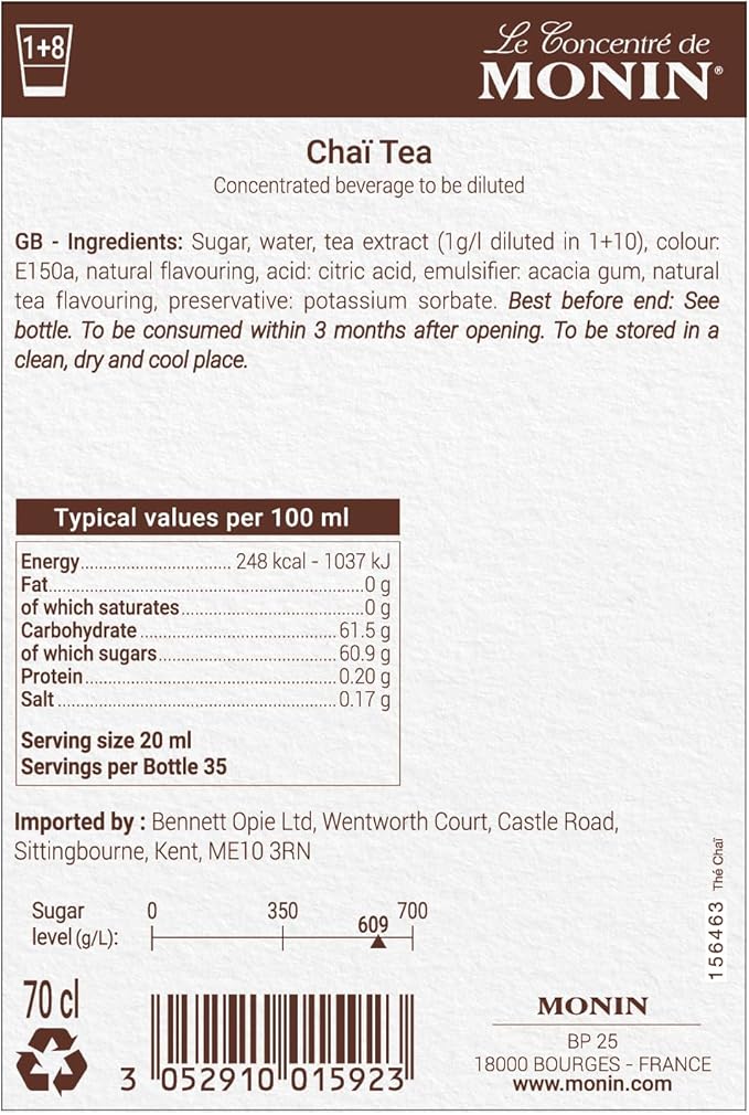 Monin Premium Chai Tea Concentrate bottle, 700ml, showcasing natural spices and rich flavor for chai lattes, iced drinks, and cocktails. Vegan-friendly and allergen-free.