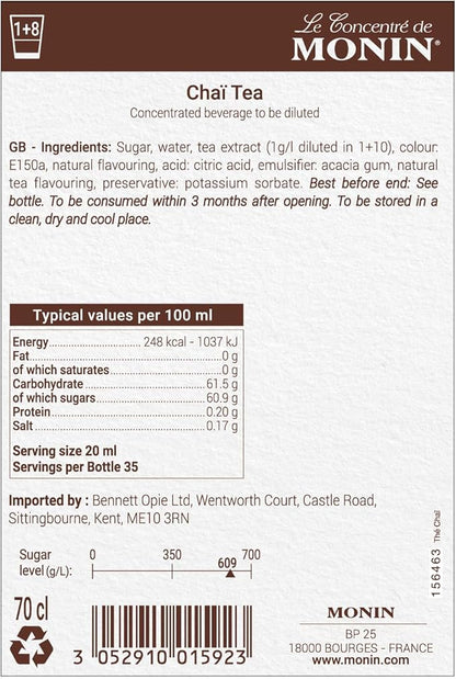 Monin Premium Chai Tea Concentrate bottle, 700ml, showcasing natural spices and rich flavor for chai lattes, iced drinks, and cocktails. Vegan-friendly and allergen-free.