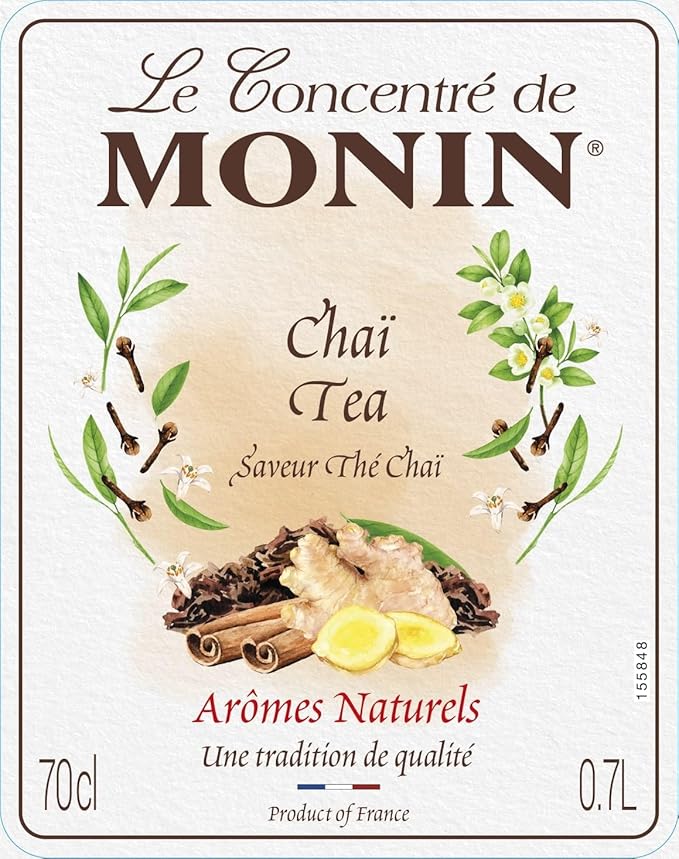 Monin Premium Chai Tea Concentrate bottle, 700ml, showcasing natural spices and rich flavor for chai lattes, iced drinks, and cocktails. Vegan-friendly and allergen-free.