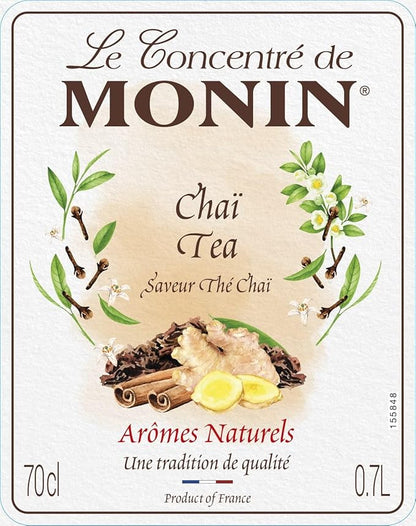Monin Premium Chai Tea Concentrate bottle, 700ml, showcasing natural spices and rich flavor for chai lattes, iced drinks, and cocktails. Vegan-friendly and allergen-free.