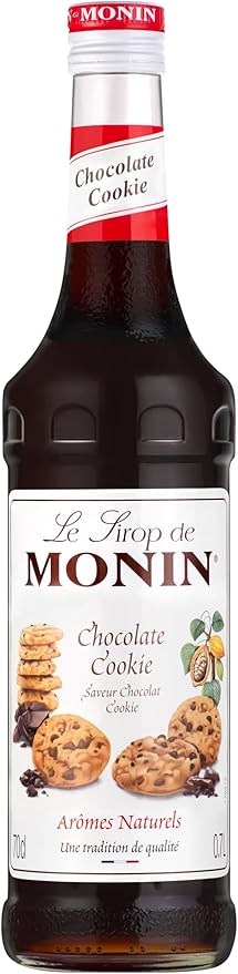 MONIN Premium Chocolate Cookie Syrup bottle with rich chocolate and cookie flavor, perfect for coffee, cocktails, and desserts. Vegan-friendly and allergen-free.