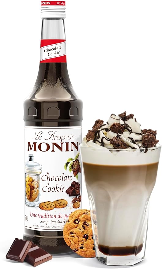 MONIN Premium Chocolate Cookie Syrup bottle with rich chocolate and cookie flavor, perfect for coffee, cocktails, and desserts. Vegan-friendly and allergen-free.