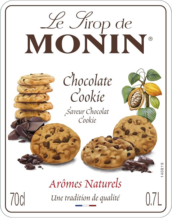 MONIN Premium Chocolate Cookie Syrup bottle with rich chocolate and cookie flavor, perfect for coffee, cocktails, and desserts. Vegan-friendly and allergen-free.