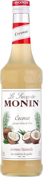 MONIN Premium Coconut Syrup 700ml bottle – vegan, allergen-free, made with 100% natural flavours and colourings for coffee, cocktails, mocktails, and desserts.