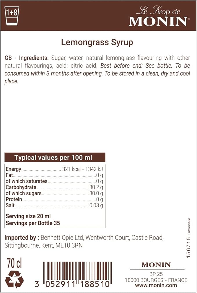 Monin Premium Lemongrass Syrup 700ml – Zesty, Citrus Herbal Syrup for Cocktails, Mocktails, Teas, and Smoothies | Vegan & Allergen-Free