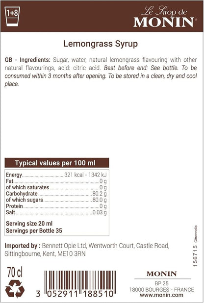 Monin Premium Lemongrass Syrup 700ml – Zesty, Citrus Herbal Syrup for Cocktails, Mocktails, Teas, and Smoothies | Vegan & Allergen-Free