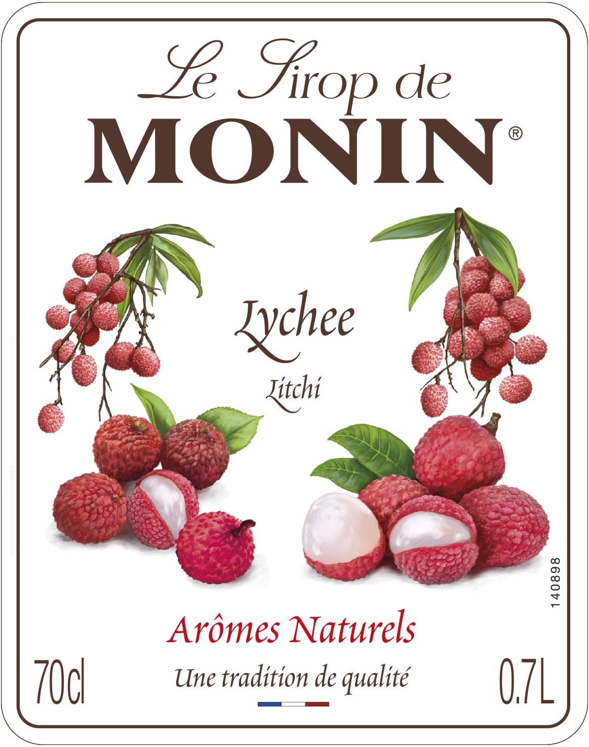 A Monin Lychee syrup label or packaging panel with illustrations of lychee fruits and branches. The brand name 'Le Sirop de MONIN' appears at the top, with 'Lychee' and 'Litchi' in the center, and 'Arômes Naturels' near the bottom on a white background.