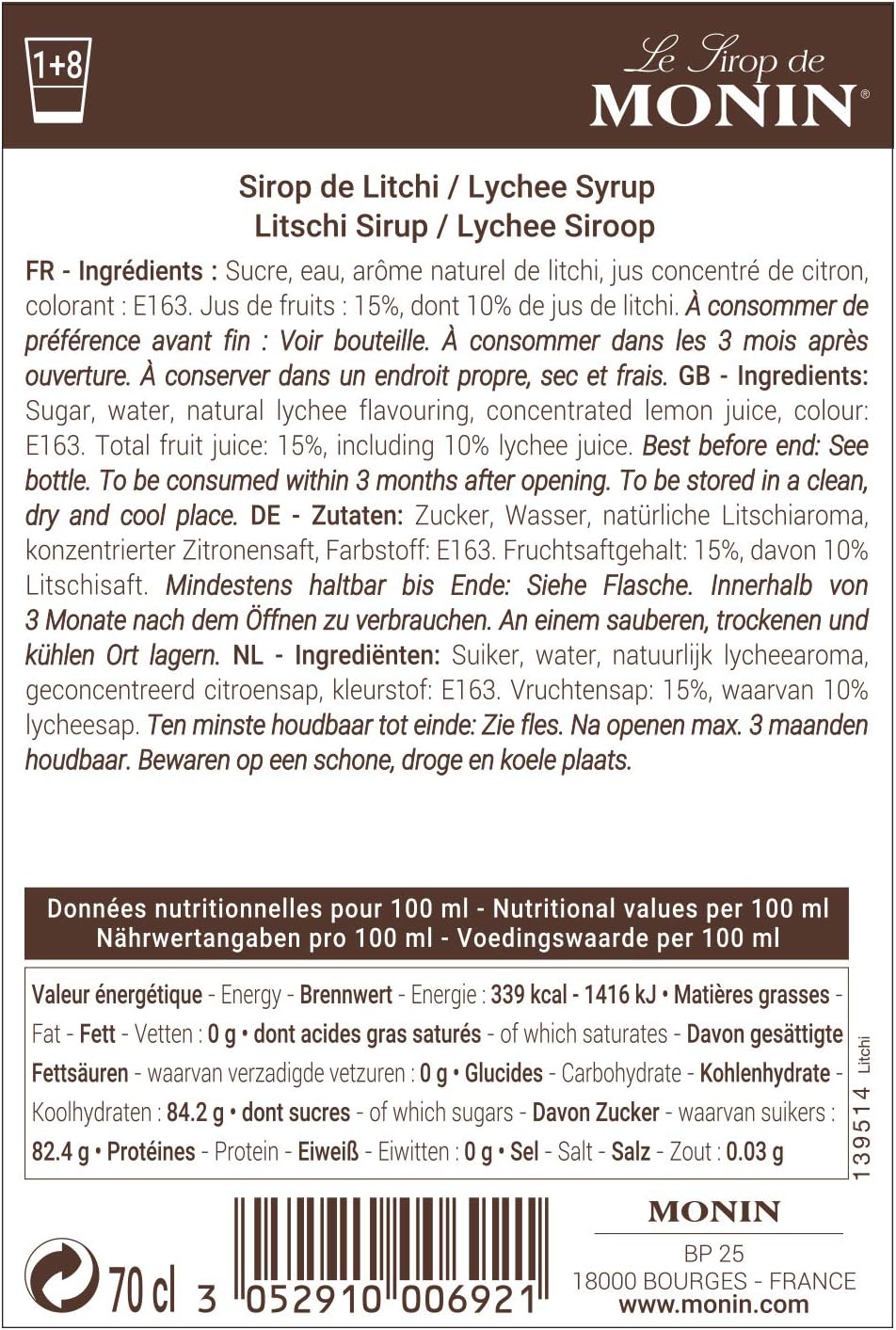 A French product information card for Monin Litchi Syrup / Lychee Siroop, showing the 1:18 ratio, ingredients, storage instructions, nutritional values per 100 ml, and the Monin brand logo.