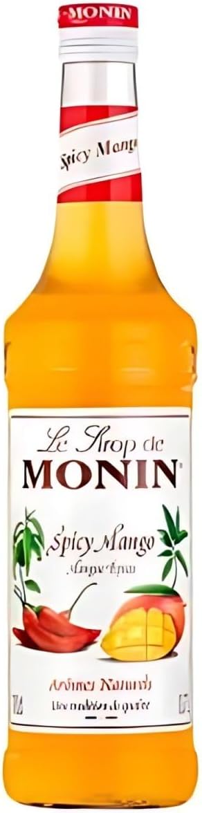Monin Premium Mango Syrup 700ml bottle featuring sweet, tropical mango flavor. Ideal for cocktails, mocktails, iced teas, smoothies, and desserts. Vegan, allergen-free, and made with 100% natural ingredients.