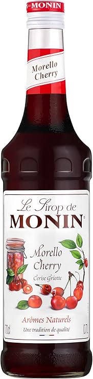 700ml MONIN Morello Cherry Syrup in glass bottle with natural flavours, ideal for drinks and desserts.