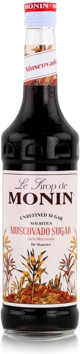 MONIN Premium Muscovado Sugar Syrup 700 ml glass bottle with clear label on white background