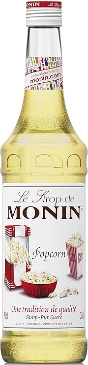 Iced latte with MONIN Premium Popcorn Syrup 700ml – nostalgic popcorn flavor

Close-up of bottle label or cap: