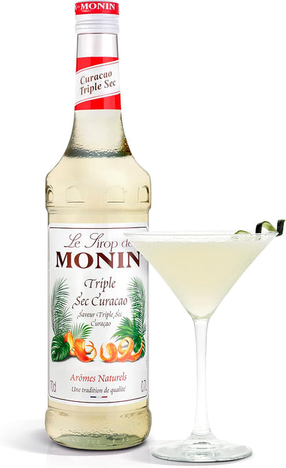 MONIN Triple Sec Curaçao Orange Syrup 700ml bottle with natural orange and citrus flavour, ideal for cocktails, mocktails, lemonades, sodas and desserts.