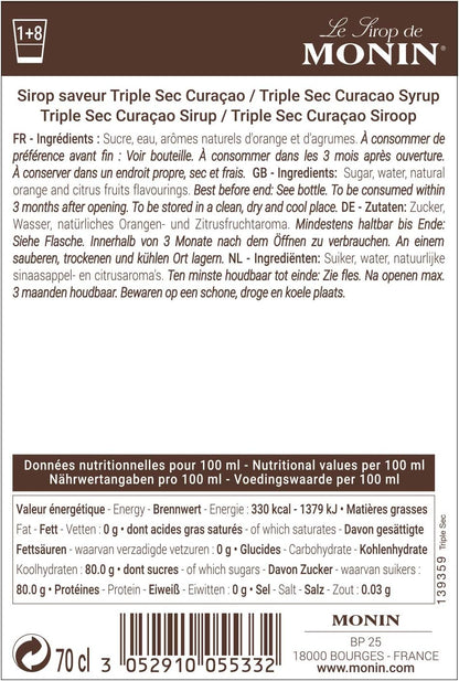 Back view of MONIN Triple Sec Curaçao Orange Syrup 700ml showing ingredients, nutritional information, storage instructions, barcode and manufacturer details.