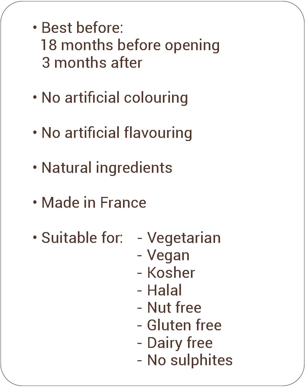 MONIN Triple Sec Curaçao Orange Syrup 700ml product features highlighting natural ingredients, vegan-friendly, halal, kosher, gluten-free, dairy-free, nut-free and no artificial colours or flavourings.