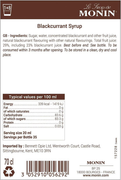 MONIN Blackcurrant drink syrup – 700ml vegan and allergen-free sugar syrup for beverages