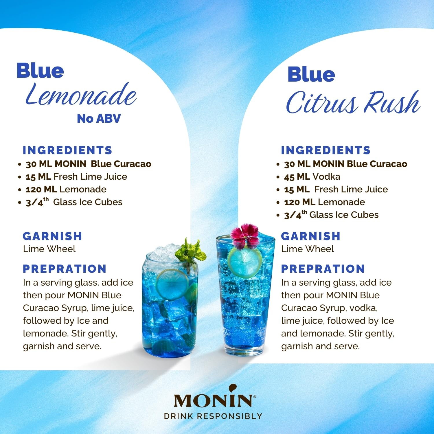 MONIN Premium Blue Curacao Cocktail & Mocktail Syrup – 700 ml, Vegan & Allergen-Free
