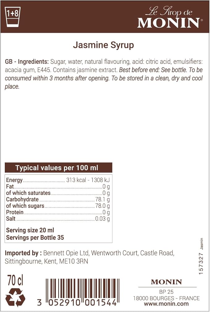 Monin Premium Jasmine Syrup 700ml bottle with a floral design, offering a delicate jasmine flavor perfect for cocktails, mocktails, teas, and desserts. Vegan-friendly and allergen-free.