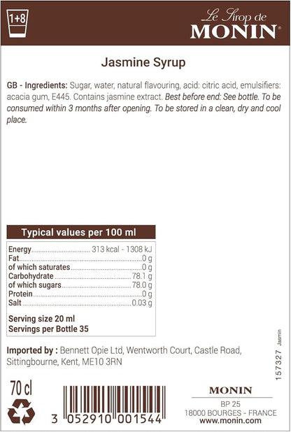 Monin Premium Jasmine Syrup 700ml bottle with a floral design, offering a delicate jasmine flavor perfect for cocktails, mocktails, teas, and desserts. Vegan-friendly and allergen-free.