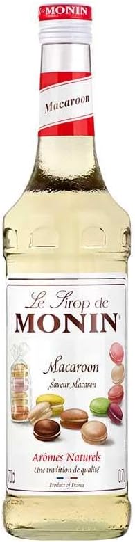 Monin Premium Macaroon Syrup 700ml bottle with a rich almond and vanilla flavor, perfect for cocktails, mocktails, coffees, teas, and desserts. Vegan-friendly, allergen-free, and made with 100% natural ingredients.
