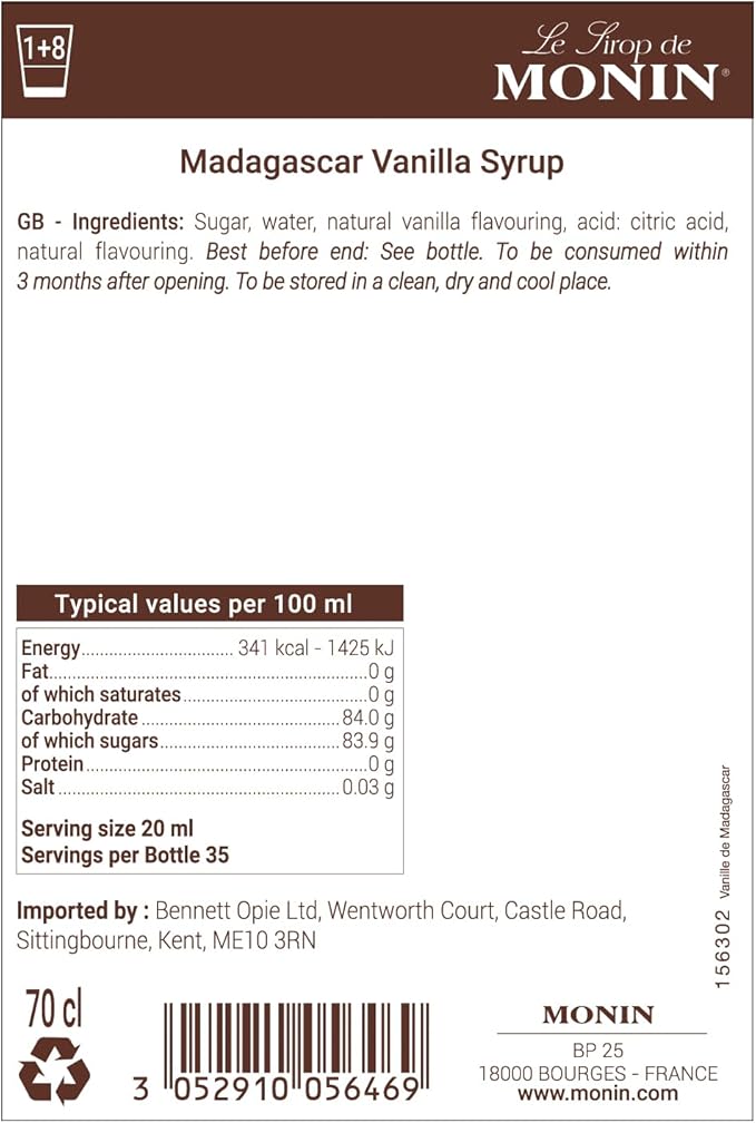 MONIN Vanilla Syrup 700ml bottle – rich Madagascan vanilla flavour for coffee, cocktails, milkshakes, and desserts