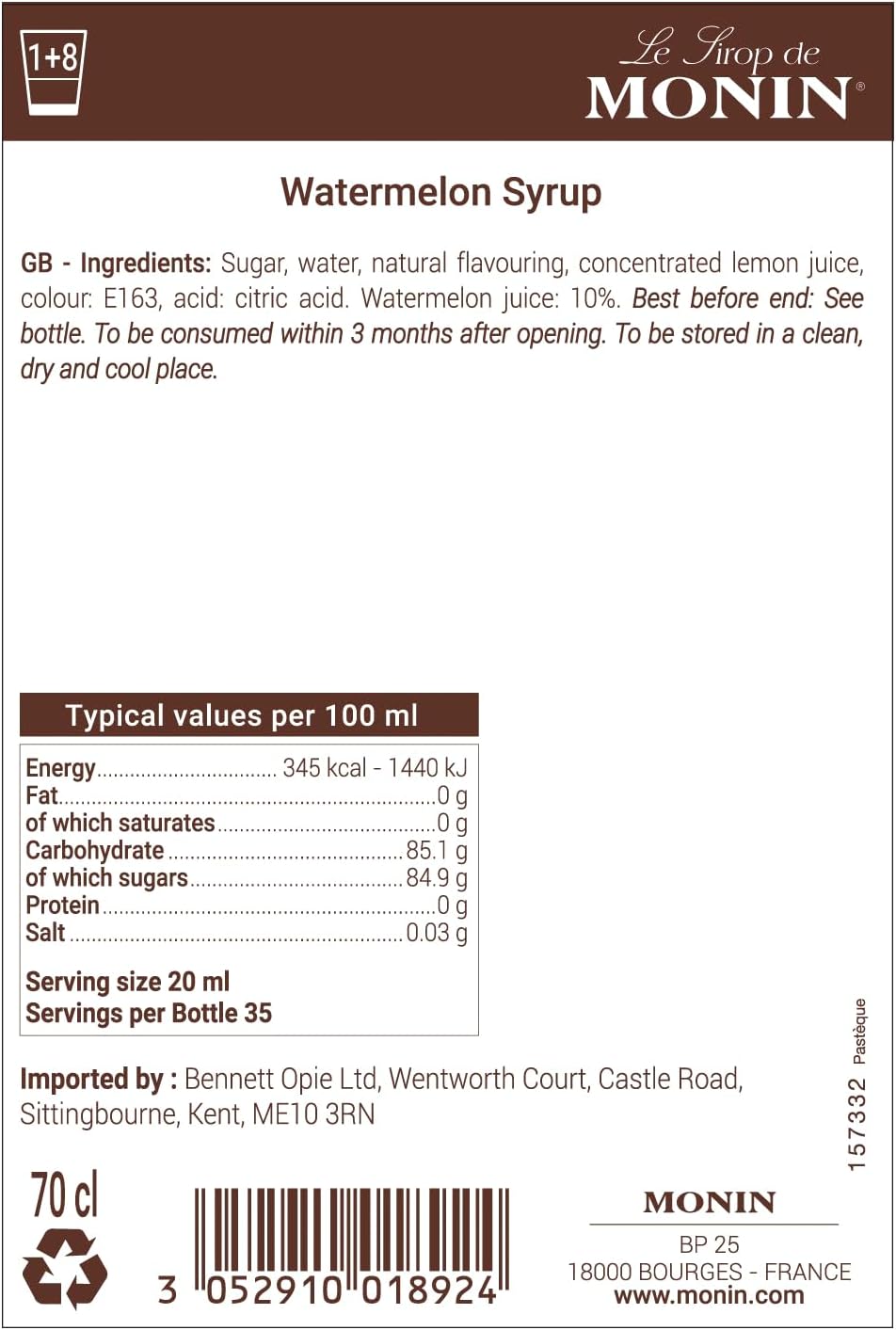 Monin Watermelon Syrup 700ml Bottle – Fruity, Natural Flavouring