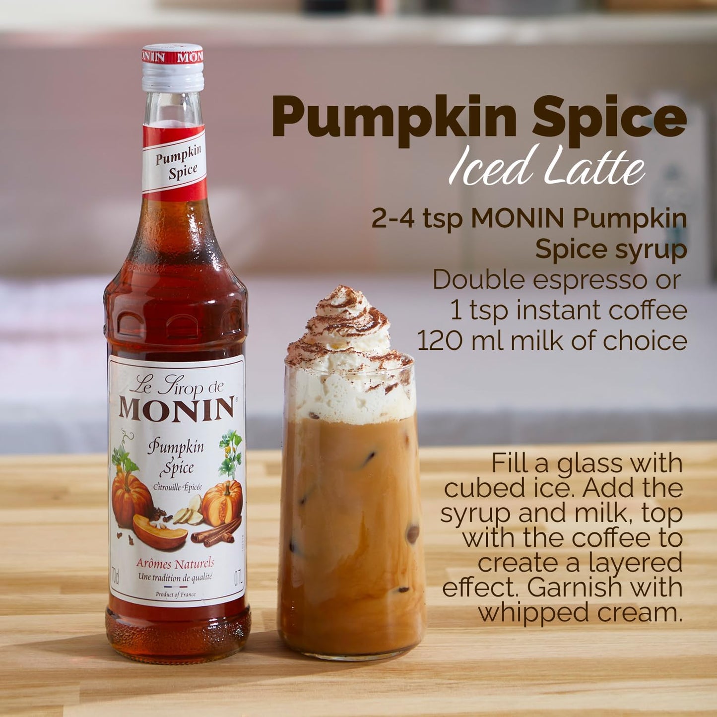 Cocktail glass with pumpkin spice syrup MONIN cinnamon clove flavour